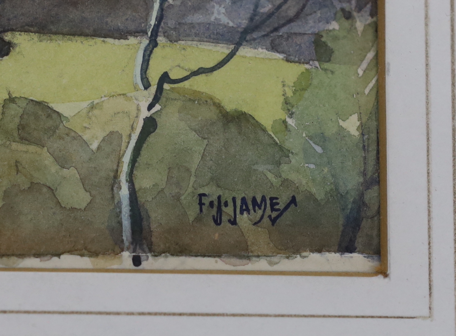 F J James, two watercolours, including Cottages at West Hoathly’, one signed, 36cm x 25cm